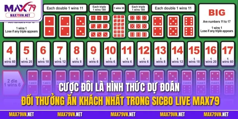 Cược đôi là hình thức dự đoán đổi thưởng ăn khách nhất trong Sicbo live MAX79